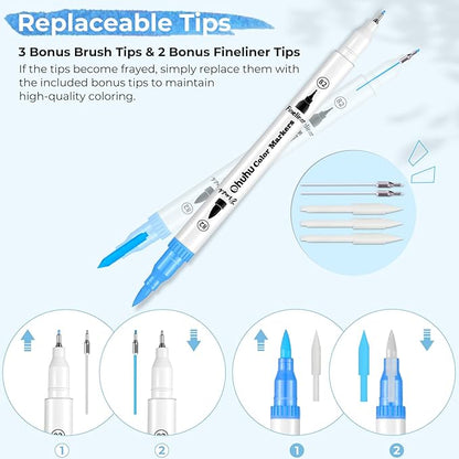 Ohuhu Markers for Adult Coloring Books No Bleeding 100 Colors Water-based Dual Tips Fineliner & Brush Coloring Markers for Kids Adults Beginners Drawing Pens for Journaling Lettering - Maui - White