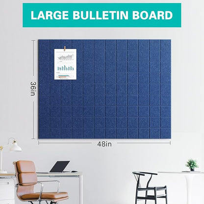 Large Cork Board, 12 Pack Felt Wall Tiles with Safe Removable Adhesive, Bulletin Board for Office, Pin Tack Corkboard for Quilting Design & Dart Wall Protector 48" x 36" - Blue