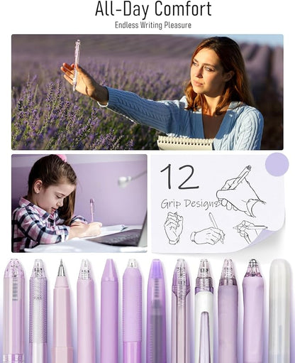 Four Candies 12Pack Pastel Gel Ink Pen Set, 11 Pack Black Ink Pens with 1Pack Highlighter for Writing, Retractable 0.5mm Fine Point Cute Note Taking Pens for School Office (Purple)