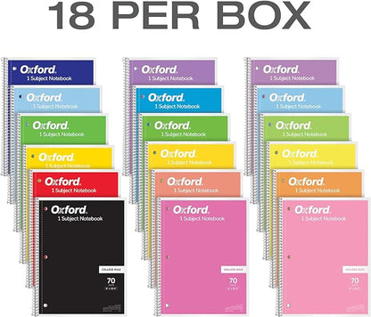 Oxford Spiral Notebook 18 Pack, Bulk College Ruled Spiral Notebooks for School, 1 Subject, College Ruled Paper, 8 x 10-1/2 Inches, 3-Hole Punch, Assorted Colors, 70 Sheets (65206)