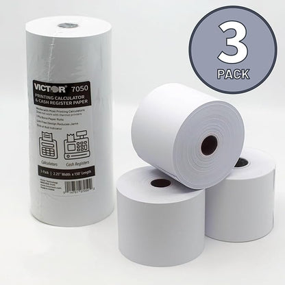 Victor 7050 Compact White Paper Rolls for Handheld and Portable Printing Calculators/Adding Machines/Ink Print Cash Registers 2.25” W x 150' FT (3-Pack)
