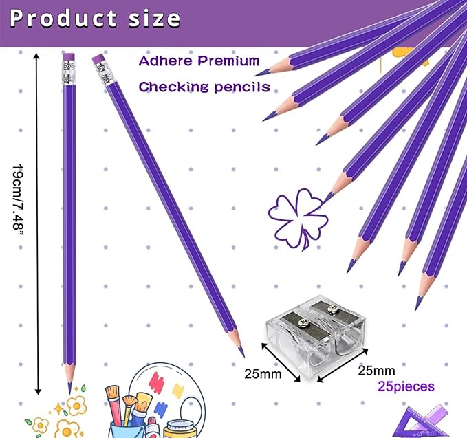 Adhere 25pcs Checking Pencils Erasable colored Pencils Pre-Sharpened #2 HB,for Checking Tests Grading Map Coloring,school Correcting,editing Office Favors,including a Free sharpener.(Purple)