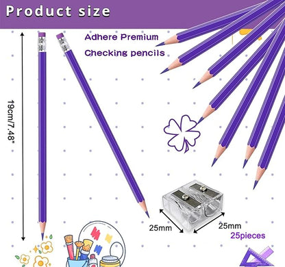 Adhere 25pcs Checking Pencils Erasable colored Pencils Pre-Sharpened #2 HB,for Checking Tests Grading Map Coloring,school Correcting,editing Office Favors,including a Free sharpener.(Purple)