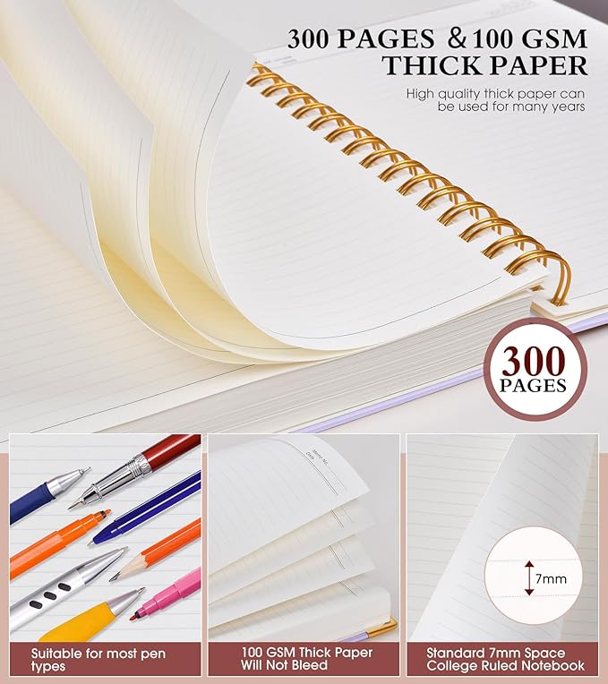 Spiral Notebook Journal 5.75” x 8.38”, 300 Pages Hardcover Leather Lined Journals for Women Men, A5 Small College Ruled Notebooks with 100 GSM Thick Paper, Spiral Journal for Writing Work, Purple