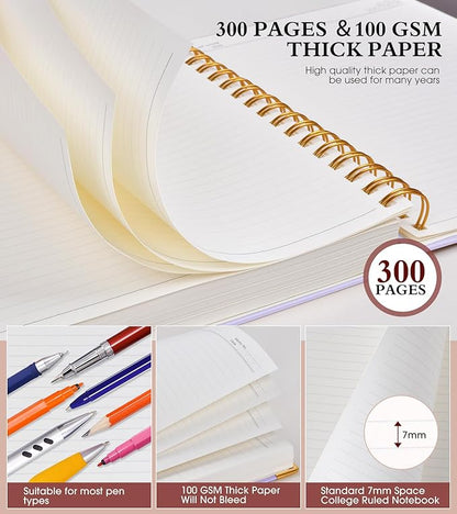 Spiral Notebook Journal 5.75” x 8.38”, 300 Pages Hardcover Leather Lined Journals for Women Men, A5 Small College Ruled Notebooks with 100 GSM Thick Paper, Spiral Journal for Writing Work, Purple