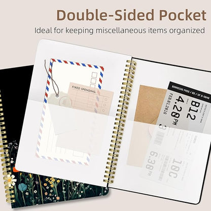 Cute Spiral Notebook journal B5 Aesthetic Pretty Design for Women Girls Kawaii with Pocket, 10 x 7.2 inch, Lined, Black Flower