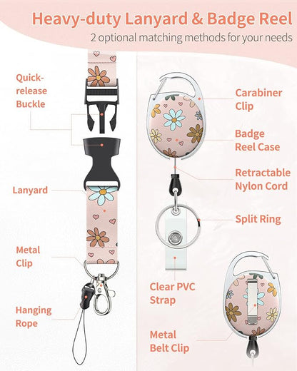 Uniclife 2 Pack Floral Sliding Badge Holder Flower Plastic Case with Retractable Badge Reel Carabiner Clip and Detachable Lanyard Strap Hard Vertical Card Protector for Women Nurse Teacher