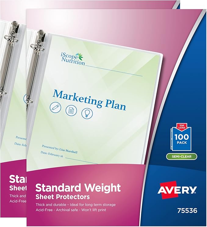 Avery Semi-Clear Standard Weight Sheet Protectors for 3 Ring Binders, Top Load, 2 Packs, 200 Page Protectors Total (46021)