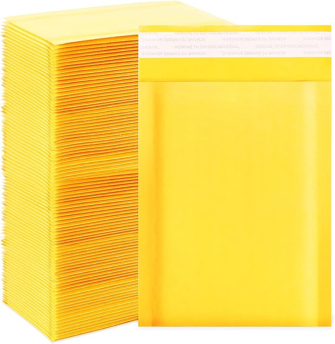 DaSen Kraft bubble mailers 4x7 Inch 100 Pack,Self-Sealing Paper Envelopes for Packaging,Strong Adhesion Envelope Mailers, Small Waterproof Cushioned Padded Shipping Bags Yellow #000