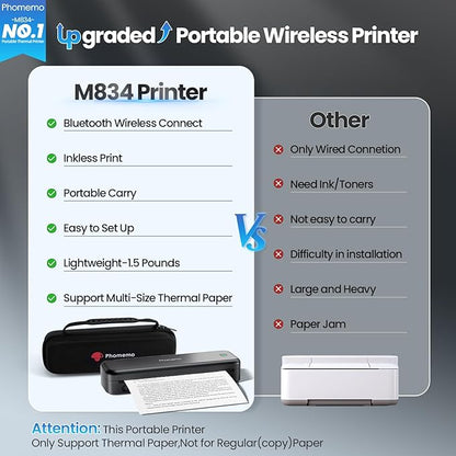 Phomemo Portable Printers Wireless for Travel [Upgraded],M834 Bluetooth Thermal Printer 8.5" x 11"& A4 Size,Inkless Mobile Printer with Carry Case for Travel,Office,School,Car,Home