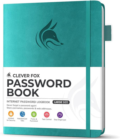 Clever Fox Password Book with Alphabetical tabs. Internet Address Organizer Logbook. Large Password Keeper for Website Logins (Aquamarine)