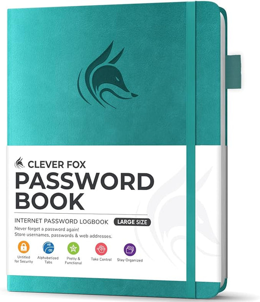Clever Fox Password Book with Alphabetical tabs. Internet Address Organizer Logbook. Large Password Keeper for Website Logins (Aquamarine)