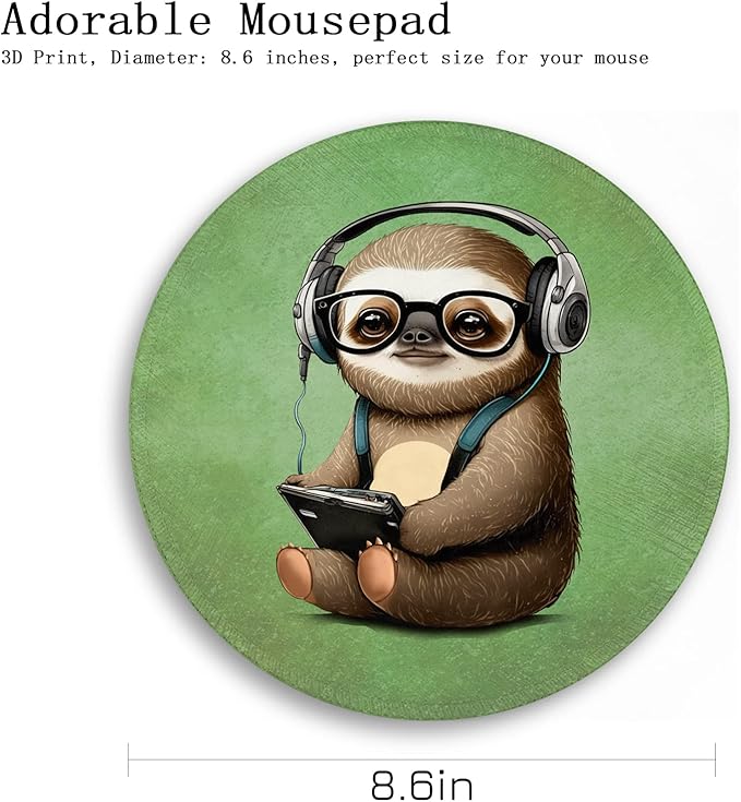 Funny Green Round Mouse Pad Mouse Pad for Desk, Cute Sloth Computer Mousepad with Stitched Edge Non-Slip Rubber Base, Cute Green Home Office Decor Desk Accessories Office Supplies Gift for Women Men