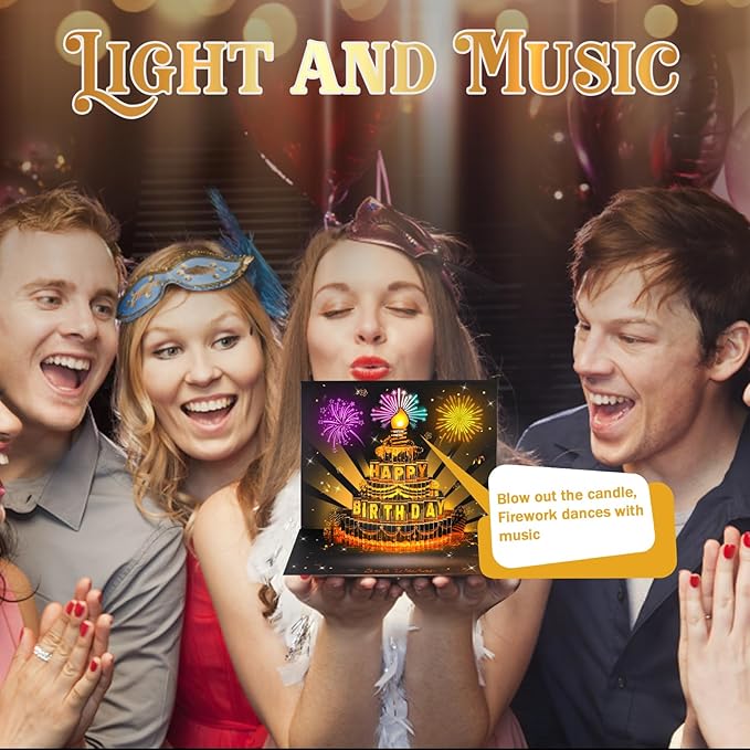 Musical Birthday Card, 3D Pop Up Card with Music and Light, Firework Greeting Card with Interactive Blowable Candle, Birthday Gift for Her Him Mom Grandma Wife Husband