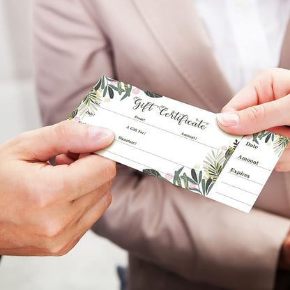 Sinmoe 50 Sets Gift Certificate for Business with 50 Pcs Envelopes Blank Gift Certificate Cards with Name and Address Rustic for Beauty Salon Restaurants Birthday(4.72 x 2.36 Inch, Leaf Style)