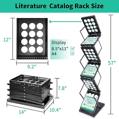 Folding Literature Rack, 6 Pockets Metal Brochure Holder Stand Floor Standing Magazine Rack，Double-sided Display Flyer Holder Stand Literature Stand for Trade Show Office Store Home