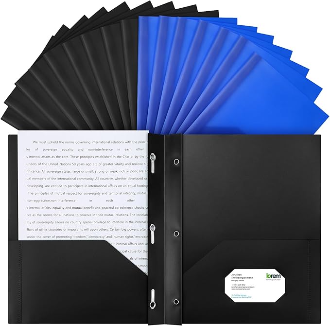 Cholemy 36 Pcs Plastic Pocket Folders with Prong 2 Heavy Duty Pockets Folders with 3 Prongs Letter Size Paper Folders Bulk File Plastic Folders with Fasteners for Office Workers (Black,Blue)