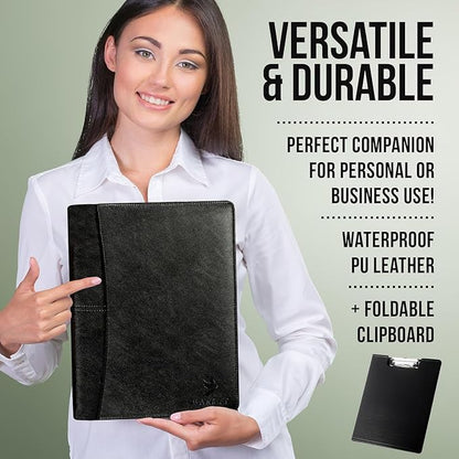 Premium Leather Portfolio Folder Set, Professional Padfolio for Women & Men, Textured Synthetic Leather, Zippered Business Binder, Clipboard, Legal Pad, A4 Notepad Holder,Interviews, Meetings