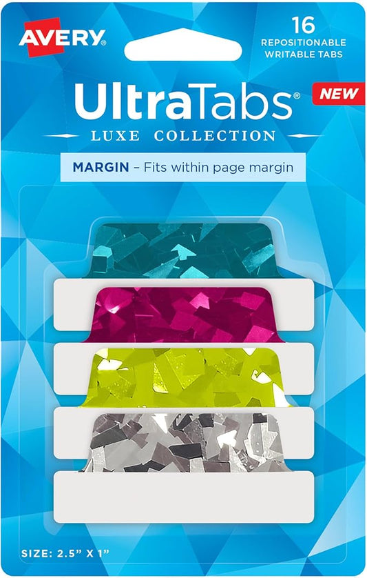 Avery Margin Ultra Tabs, 2.5" x 1", Holographic Jewel Tone Colors, 16 Repositionable Page Tabs (74147)