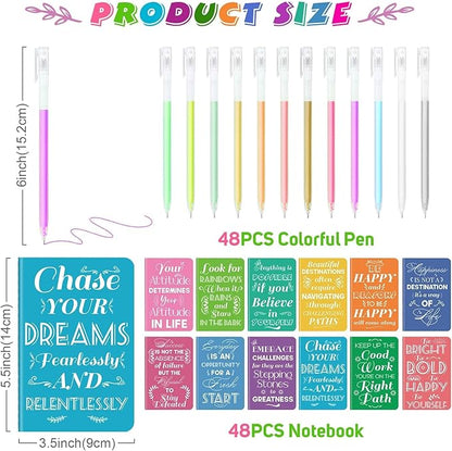 48 Pcs Mini Inspirational Notebooks Bulk with 48 Pcs Colorful Pens, Small Pocket Journal Notepads Set, Motivational Bulk Gifts for Women Men Teacher Student Kids, Fun School Office Supplies,3.5"x5.5"