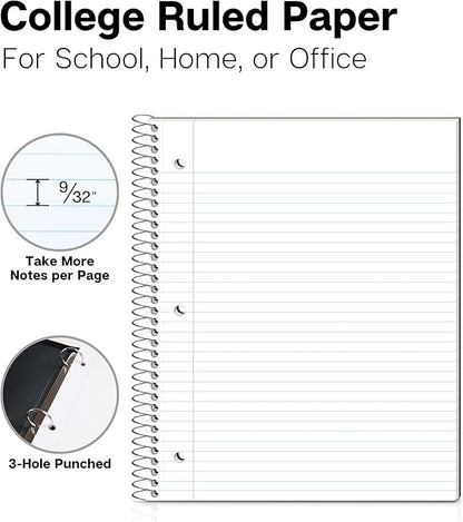 Dunwell College Ruled Spiral Notebook (Black), 1 Subject Notebook 8.5 x 11 for School, Plastic Cover, Pocket Divider, 100 Sheets (200 Pages), 3-Hole Punched Perforated 8 1/2 x 11 Paper