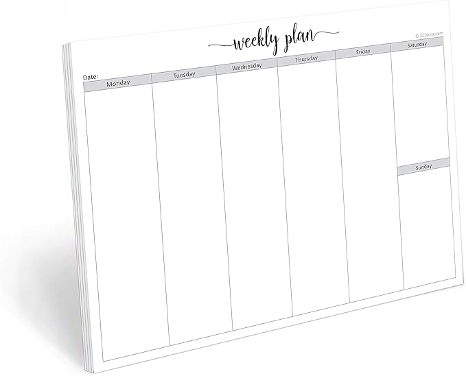 321Done Weekly Planning Notepad - 50 Sheets (8.5" x 11") - Landscape Days of Week Blank Horizontal Desk Planning Pad, Large Letter-Size - Made in USA - Simple Script