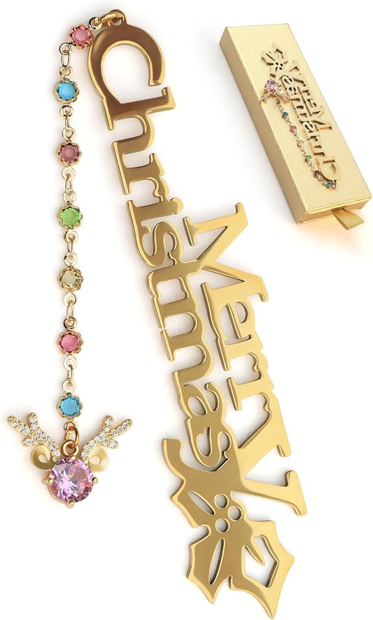 Metal Bookmark Cute Book Accessories Gifts for Women Teacher Readers Book Lovers for Christmas Mother's Day (Merry Christmas Gold)