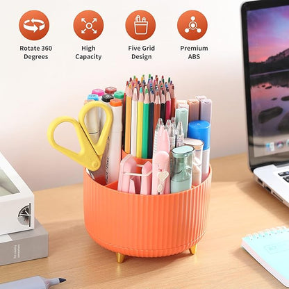 Desk Pen Holder, 5 Slot 360 Rotating Pen Organizer for Desk, Desktop Storage Stationery Supplies Organizer, Cute Pencil Cup Pot for Office, School, Home, Art Supply, Orange