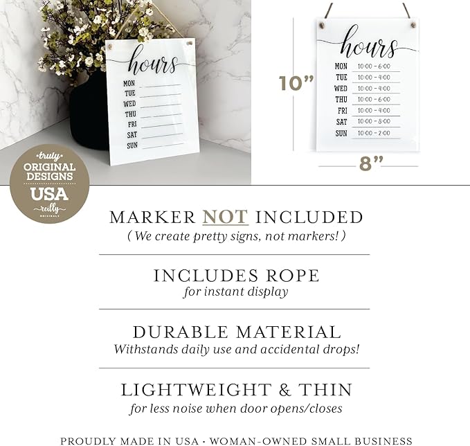 Reilly Originals Dry Erase Elegant Store Hours Sign with Rope ~ Marker NOT Included ~ 8x10 Inches