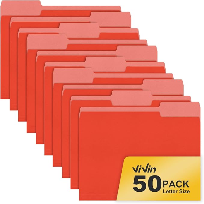 ViVin File Folder, 50 Pack Colored File Folders with 1/3-Cut Tabs, Fits 8.5 * 11 Letter Size Paper, Manilla Folders for Home Office School Documents(Red)