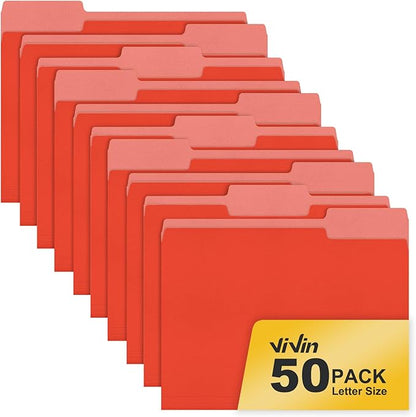 ViVin File Folder, 50 Pack Colored File Folders with 1/3-Cut Tabs, Fits 8.5 * 11 Letter Size Paper, Manilla Folders for Home Office School Documents(Red)
