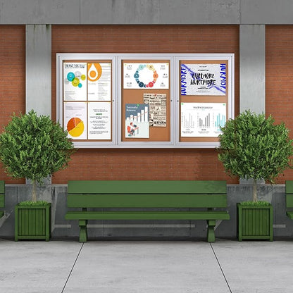 SWANCROWN Weather Resistant Enclosed Bulletin Board Cork Displays Case Wall Mounted Notice Cabinet with Three Lockable Doors, 70x36 inches