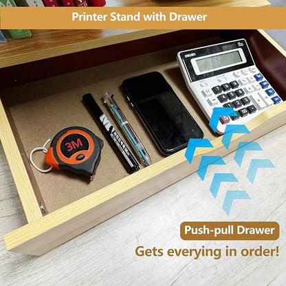 Printer Stand for Desk,2 Tier Desktop Printer Stand,Home Printer Stand with Storage Drawer,Small Printer Table,Desk Organizer Shelf for Top of Desk,Printer Rack for Fax Machine,Scanner-Oak