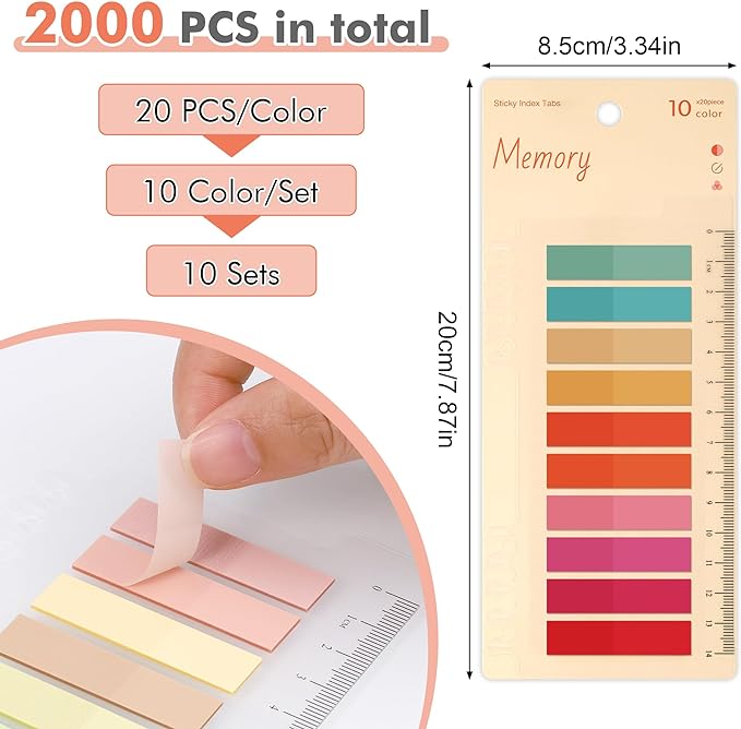 2000Pcs Sticky Tabs with Ruler, 10 Pack Index Tabs, Post It Sticky Notes, Repositionable Book Flags Strip Index Tabs Clear Page Markers for Office School Reading Highlights Classifying