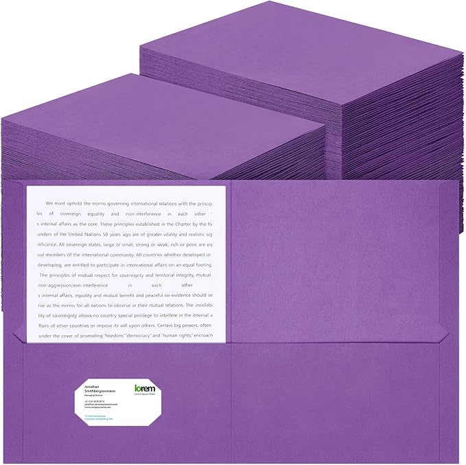 Harloon 75 Pack Two Pocket Portfolio Folders Bulk, 8.5 x 11 Inches Textured Paper with Business Card Slot Letter Size File Folders for Office School Classroom (Purple)