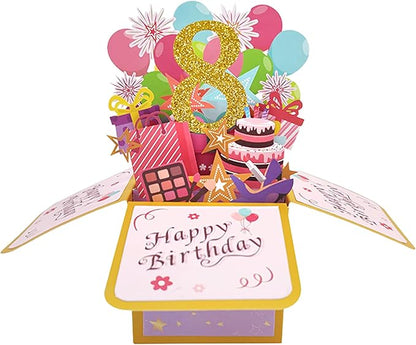 Asmallgf Happy 8th Birthday Popup Card for Daughter Niece, Sweet Birthday Gift for 8 Years Old Girl Boy, Eight Birthday Decorations for Him Her
