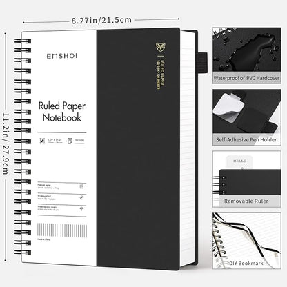 EMSHOI A4 Spiral Notebook Lined Journal, 11.2" X 8.27", 300 Pages/150 Sheets, 100gsm Thick Paper, Waterproof Softcover, Twin-Wire Binding, for School Work Writing Note Taking-Black