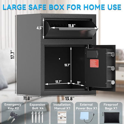 1.8 CUB Drop Safe, Safe Box with Front Drop Slot Fireproof, Digital Security Safe Box with Combination Lock, Security Money Safe for Cash and Documents, Silent Safe for Business Office Home