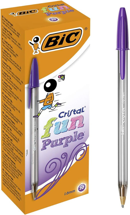 Bic Cristal Fun, Ballpoint Pens, Smudge-Proof Writing Pens and Wide Point (1.6 mm), Ideal for School, Purple Ink, Pack of 20