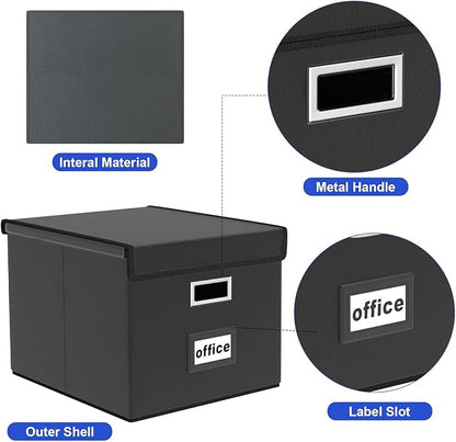 Huolewa Upgraded Portable Leather File Organizer Boxes with Lids, Office Document Boxes Organizer, Filing Boxes, Decorative Small File Boxes for Hanging Files with Plastic Slide for Office/Decor/Home