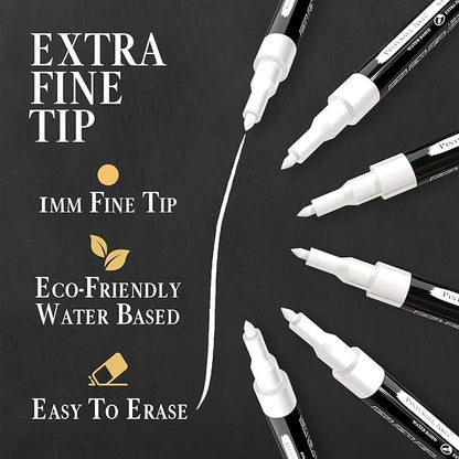 6 Extra Fine Tip White Chalk Markers | 1mm Tip | For Windows, Blackboard, Dry Erase Board, Chalkboards, Glass, Easy Erase | White Chalk Pens Fine Tip