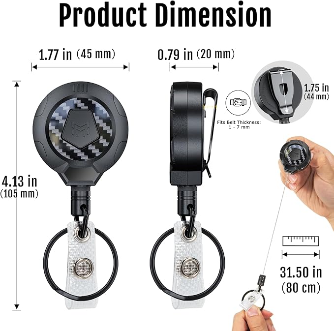 MNGARISTA Upgraded Heavy Duty Retractable Keychain with Belt Clip, 10 OZ Retraction, 31.5" Stainless Steel Cord, 3K Carbon Fiber ID Badge Reel with Badge Strap and Key Ring