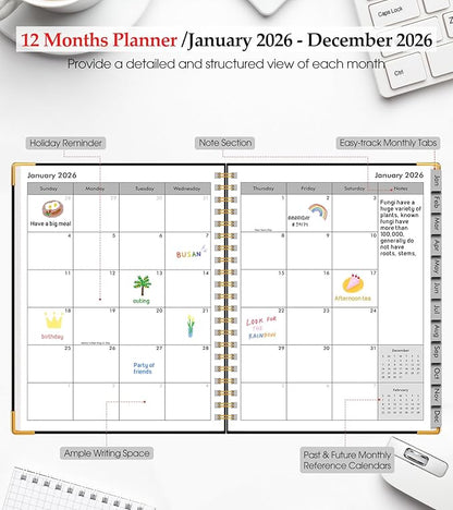 2026 Planner, Weekly and Monthly Calendar Planner from January 2026 - December 2026, 8.5" x 11" Hardcover Leather Hourly Appointment Book with Tabs, Spiral Daily Planners for College School Work Home, Black