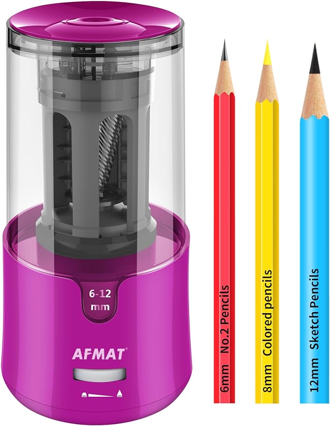 AFMAT Electric Pencil Sharpener for Colored Pencils, Auto Stop, Fast Sharpen in 3s, Large Hole Pencil Sharpener Plug in for 6-12mm No.2/Jumbo Pencils-Purple