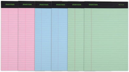 Mintra Office Recycled Writing Pads 6pk (Pastel, Junior (5in x 8in)) - 50 Sheets per Notepad, Micro perforated, Legal Pad, Notebook Paper for School, College, Office, Business