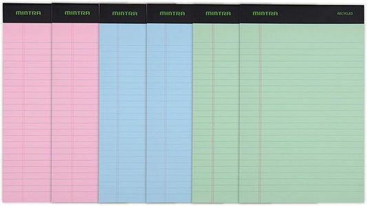 Mintra Office Recycled Writing Pads 6pk (Pastel, Junior (5in x 8in)) - 50 Sheets per Notepad, Micro perforated, Legal Pad, Notebook Paper for School, College, Office, Business