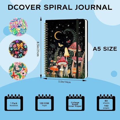 Spiral Notebook - A5 Spiral Notebooks, 8.3'' × 5.8'', 160 Pages, Aesthetic Journaling Notebooks for Women, College Lined Notebook with Elastic Closure, Back Pocket, for School Office, Mushroom House