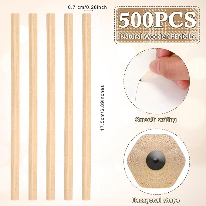 Fumete 500 Pieces Wooden Pencils Bulk No Eraser Hexagonal HB Graphite Unsharpened Natural Wood Pencils Without Erasers for Classroom School Home Office Drawing Sketching Learning
