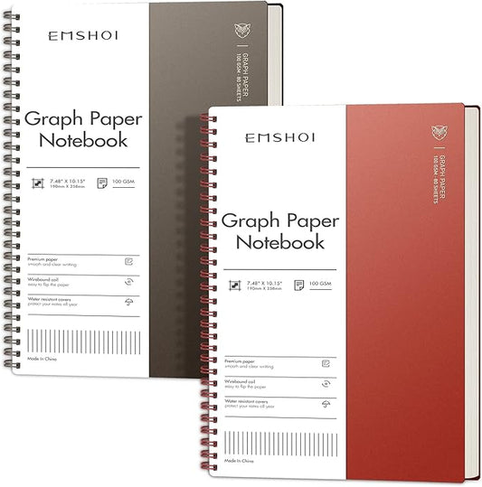 EMSHOI Graph Paper Spiral Notebook 7.48" x 10.15", 2 Pack 320 Pages B5 Large Graph Notebook with Sticky Notes, 100gsm Thick Grid Paper, Plastic Hardcover Journals for Writing Engineering Graphing