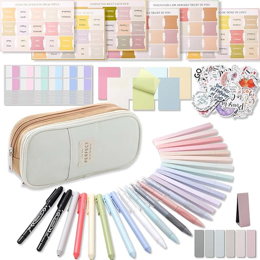 XKDOUS 56 Pcs Bible Study Supplies Journaling Kit, Bible Study Kit, Bible Case with Highlighters and Pens, Bible Tabs Stickers and Other Bible Journaling Supplies, Aesthetic Bible Study Tools